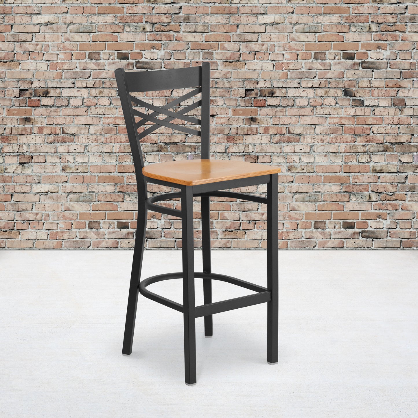 HERCULES Series Black ''X'' Back Metal Restaurant Barstool - Natural Wood Seat Natural Wood Seat/Black Metal Frame