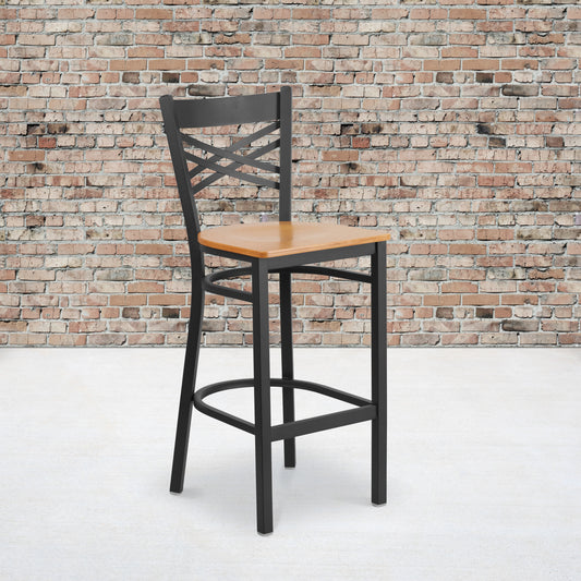 HERCULES Series Black ''X'' Back Metal Restaurant Barstool - Natural Wood Seat Natural Wood Seat/Black Metal Frame