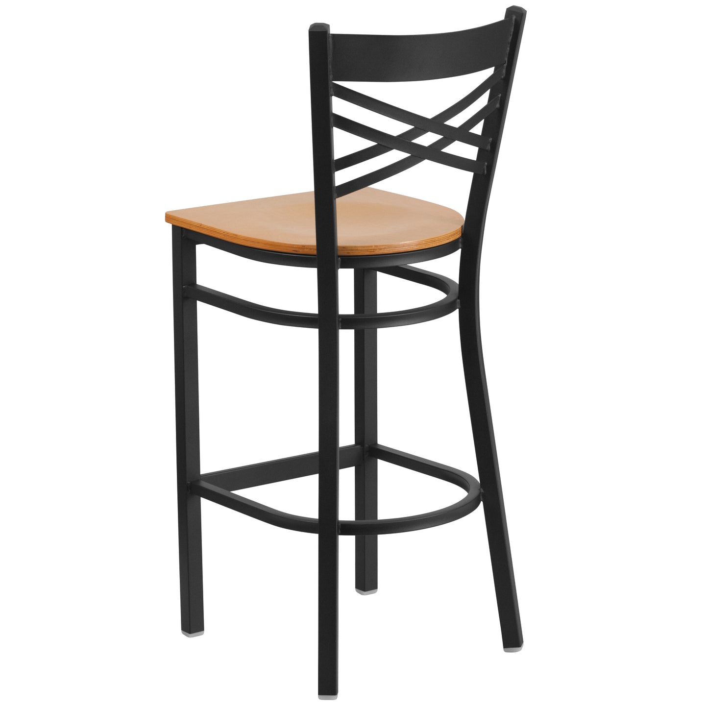 HERCULES Series Black ''X'' Back Metal Restaurant Barstool - Natural Wood Seat Natural Wood Seat/Black Metal Frame