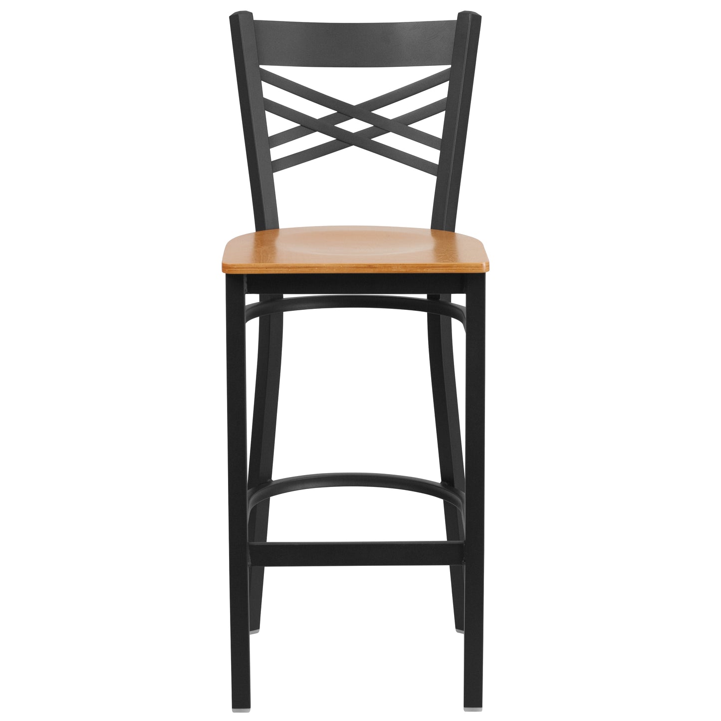 HERCULES Series Black ''X'' Back Metal Restaurant Barstool - Natural Wood Seat Natural Wood Seat/Black Metal Frame