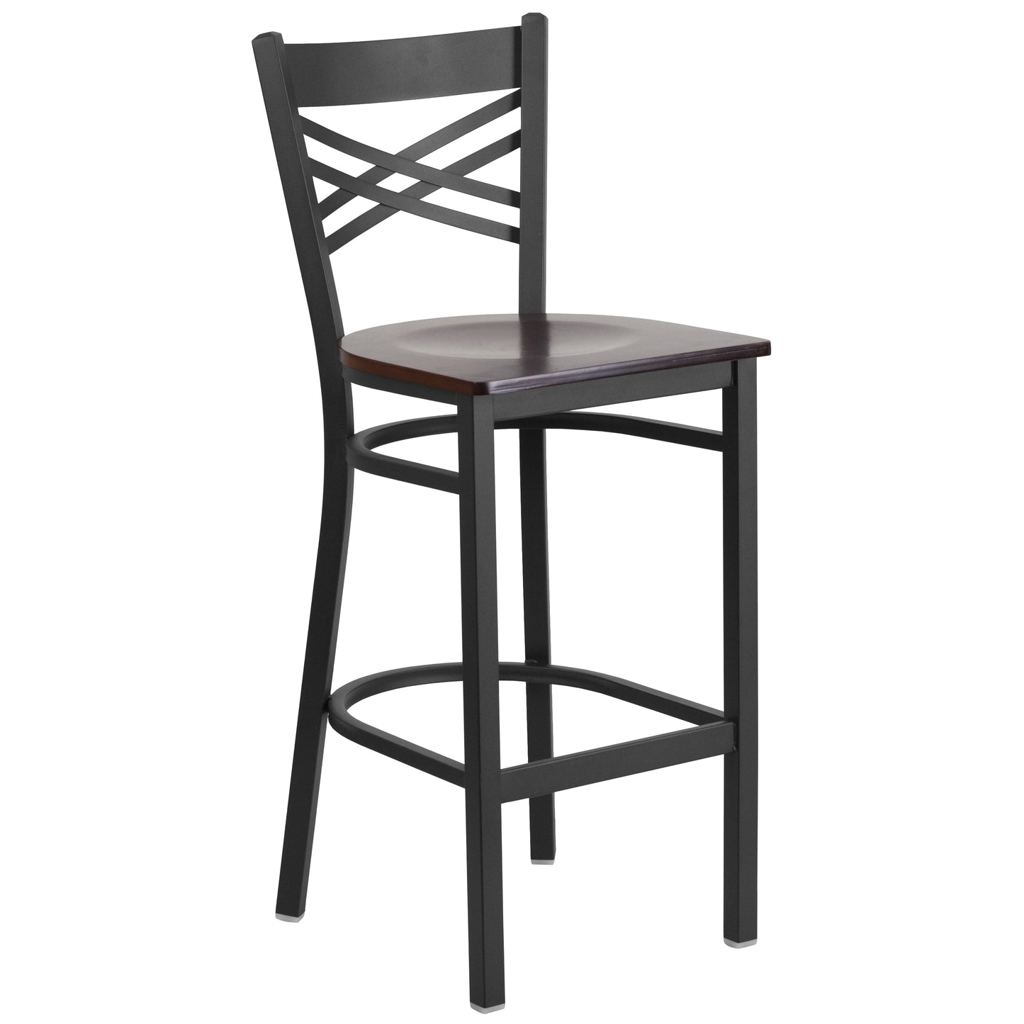 HERCULES Series Black ''X'' Back Metal Restaurant Barstool - Walnut Wood Seat Walnut Wood Seat/Black Metal Frame