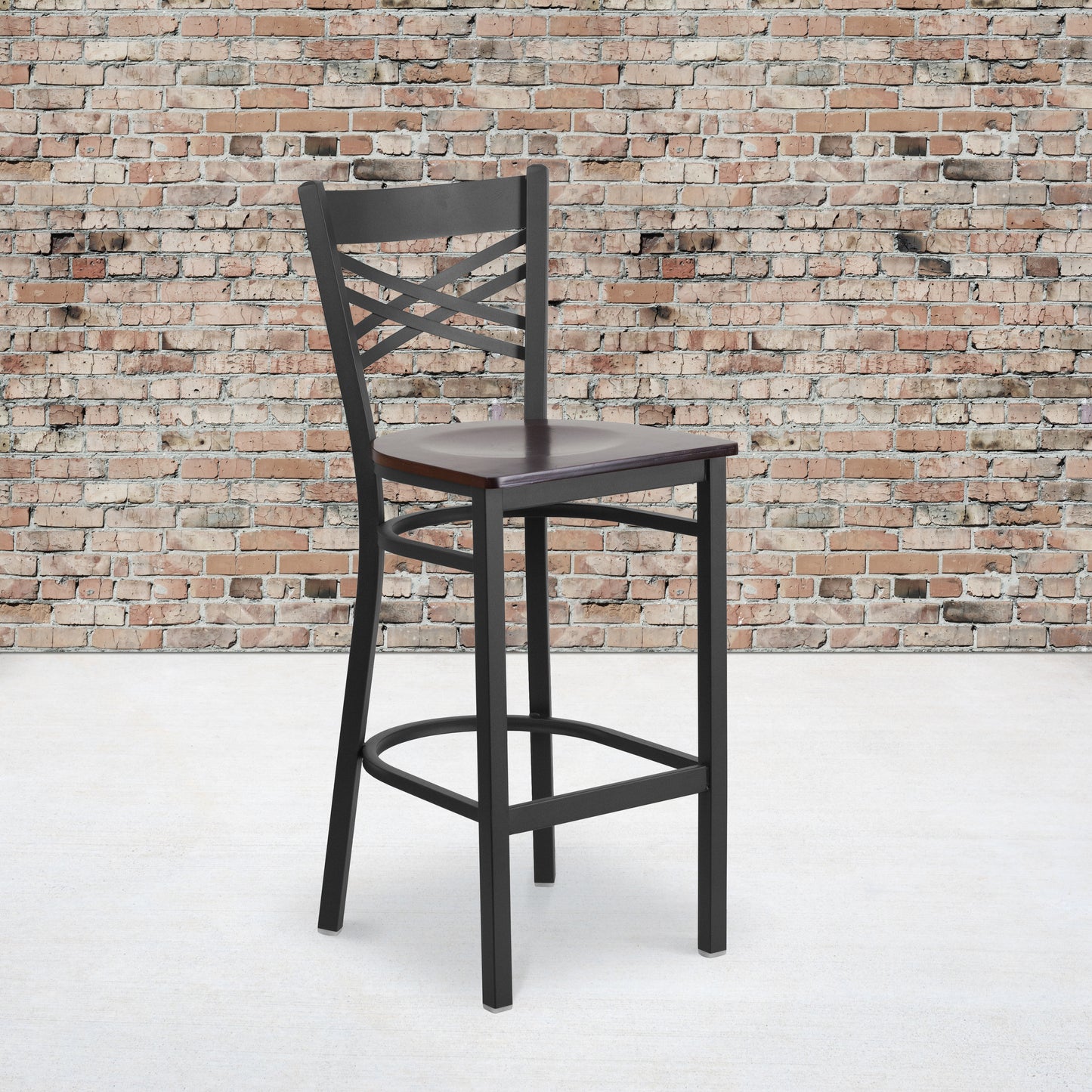 HERCULES Series Black ''X'' Back Metal Restaurant Barstool - Walnut Wood Seat Walnut Wood Seat/Black Metal Frame