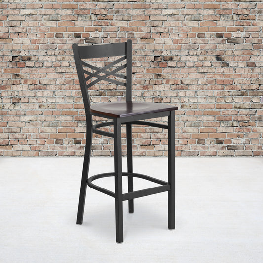 HERCULES Series Black ''X'' Back Metal Restaurant Barstool - Walnut Wood Seat Walnut Wood Seat/Black Metal Frame
