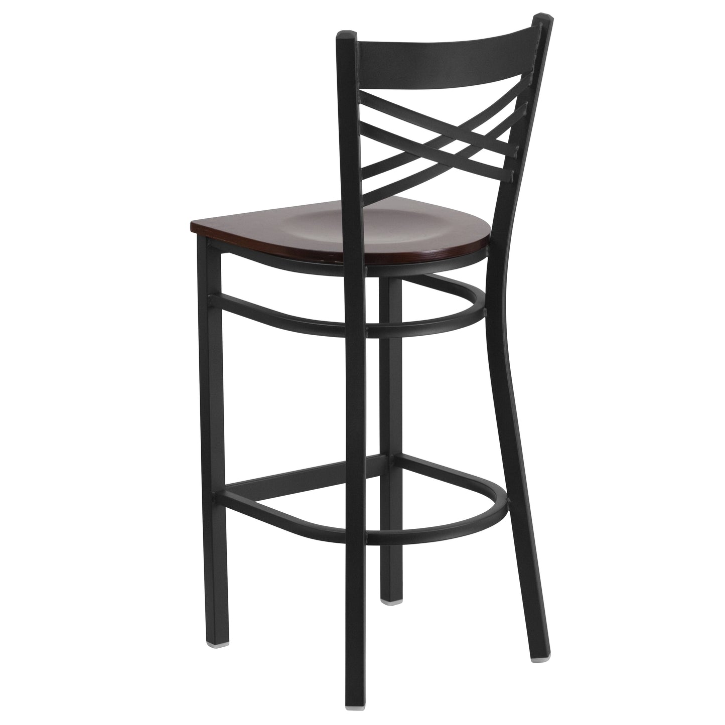 HERCULES Series Black ''X'' Back Metal Restaurant Barstool - Walnut Wood Seat Walnut Wood Seat/Black Metal Frame