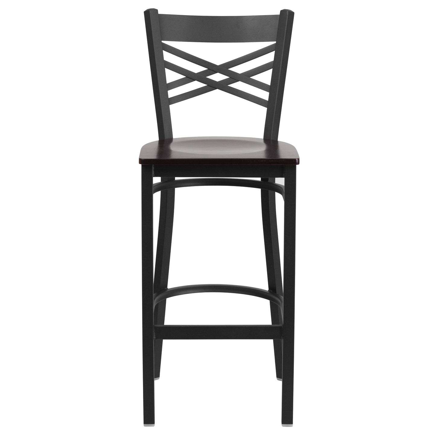 HERCULES Series Black ''X'' Back Metal Restaurant Barstool - Walnut Wood Seat Walnut Wood Seat/Black Metal Frame