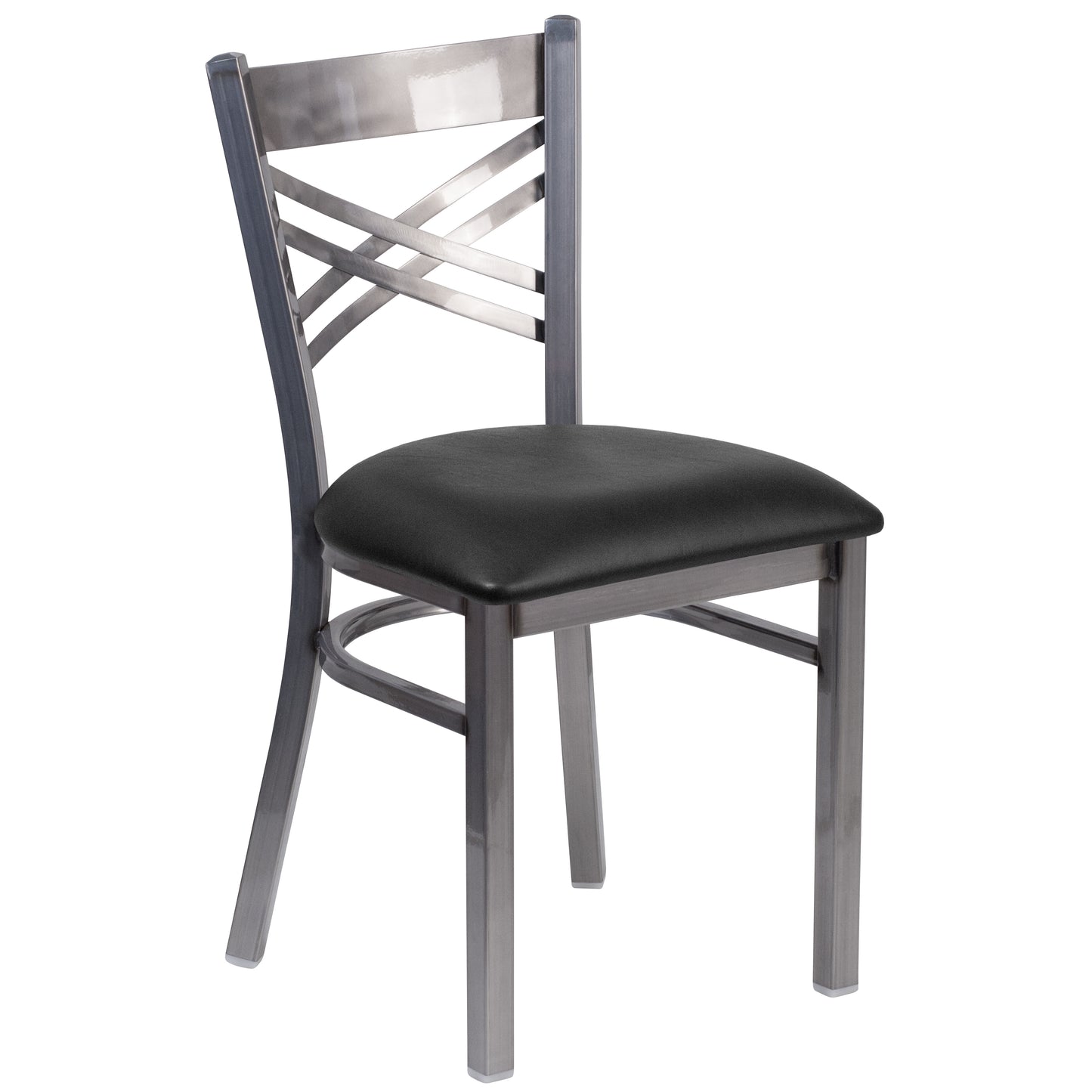 HERCULES Series Silver Antique Finish with Clear Coat ''X'' Back Metal Restaurant Chair - Black Vinyl Seat Black Vinyl Seat/Clear Coated Metal Frame