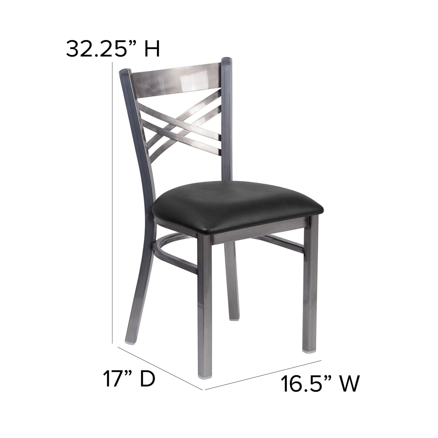 HERCULES Series Silver Antique Finish with Clear Coat ''X'' Back Metal Restaurant Chair - Black Vinyl Seat Black Vinyl Seat/Clear Coated Metal Frame