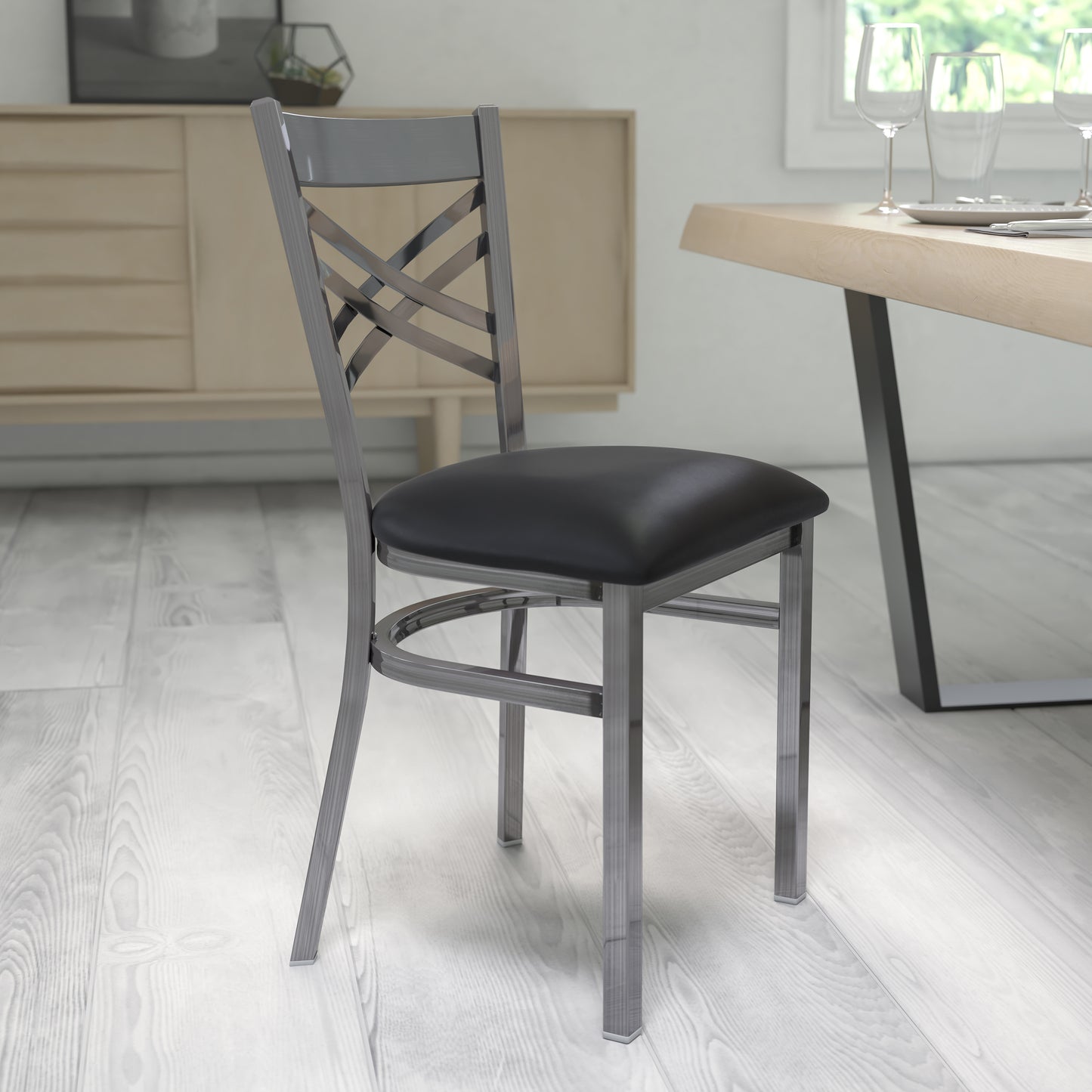 HERCULES Series Silver Antique Finish with Clear Coat ''X'' Back Metal Restaurant Chair - Black Vinyl Seat Black Vinyl Seat/Clear Coated Metal Frame
