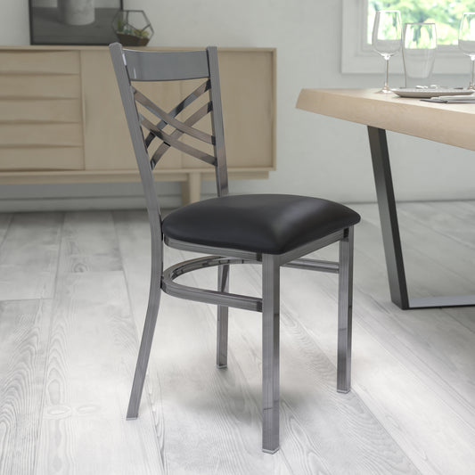 HERCULES Series Silver Antique Finish with Clear Coat ''X'' Back Metal Restaurant Chair - Black Vinyl Seat Black Vinyl Seat/Clear Coated Metal Frame