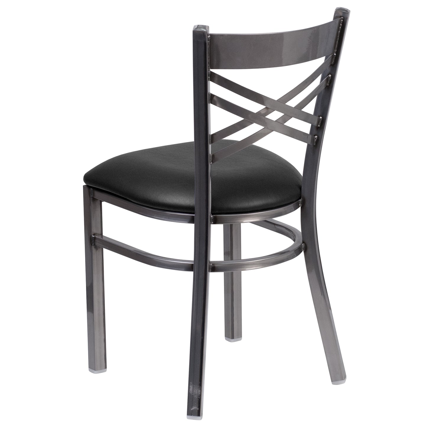 HERCULES Series Silver Antique Finish with Clear Coat ''X'' Back Metal Restaurant Chair - Black Vinyl Seat Black Vinyl Seat/Clear Coated Metal Frame