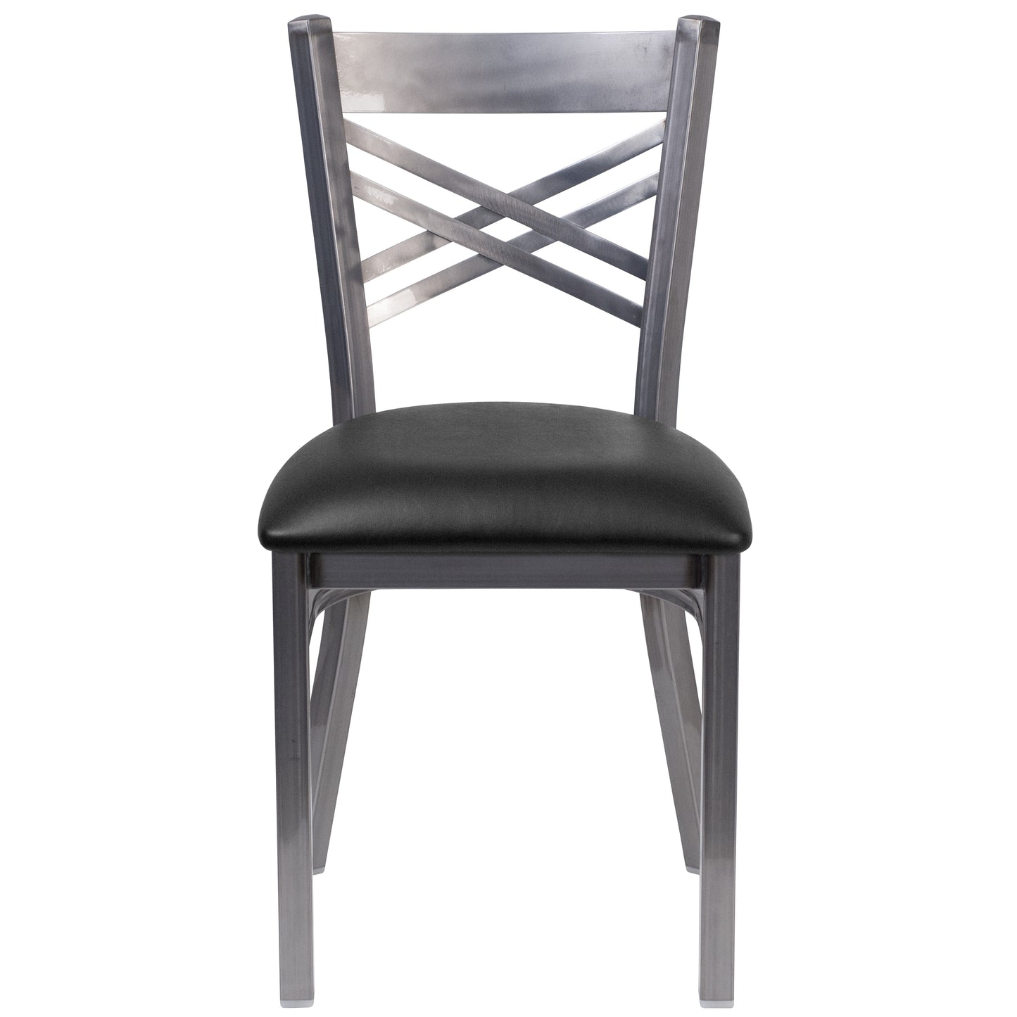 HERCULES Series Silver Antique Finish with Clear Coat ''X'' Back Metal Restaurant Chair - Black Vinyl Seat Black Vinyl Seat/Clear Coated Metal Frame