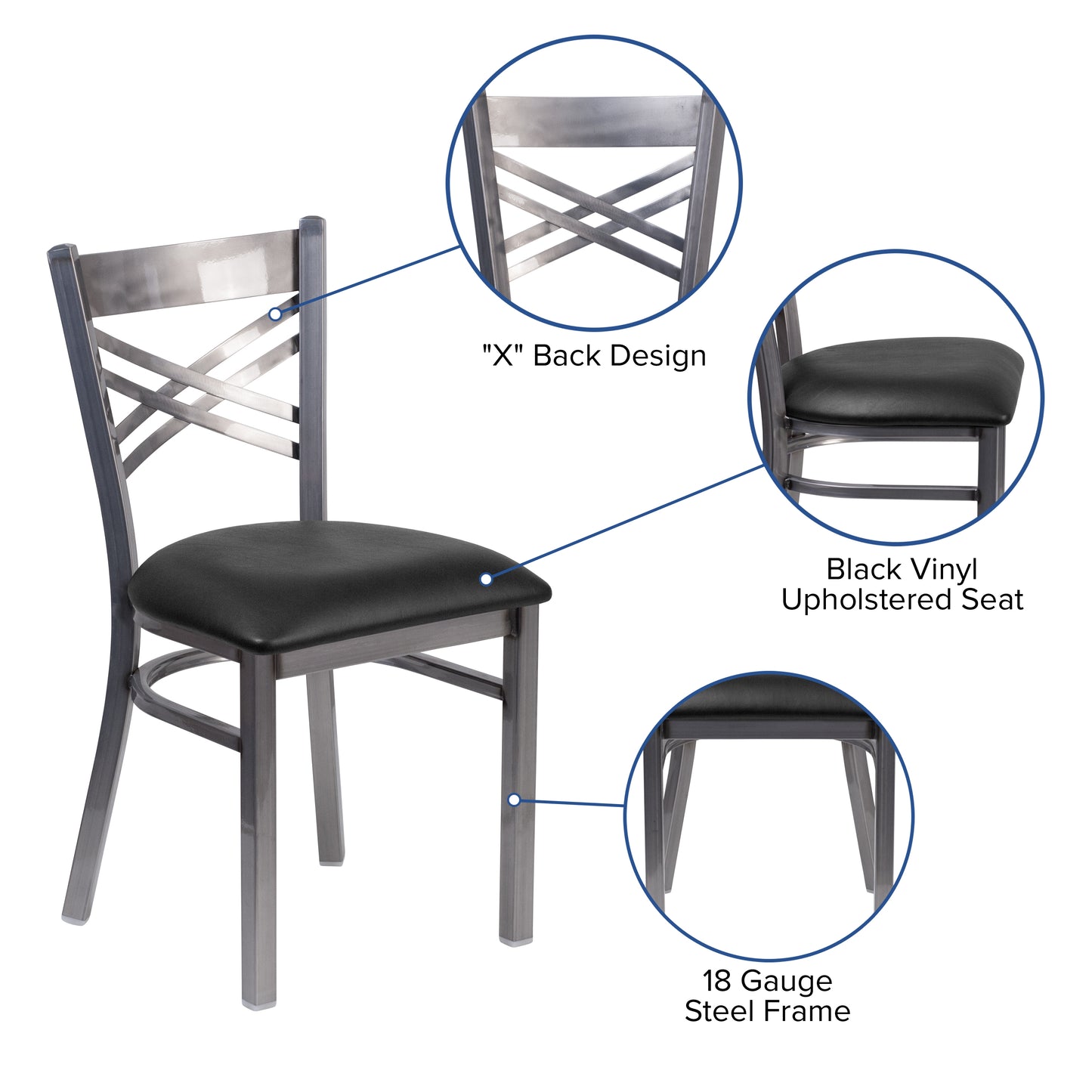 HERCULES Series Silver Antique Finish with Clear Coat ''X'' Back Metal Restaurant Chair - Black Vinyl Seat Black Vinyl Seat/Clear Coated Metal Frame