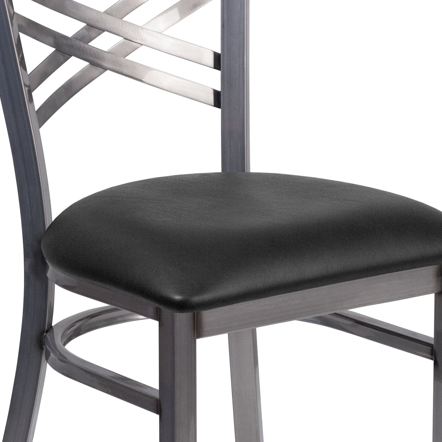 HERCULES Series Silver Antique Finish with Clear Coat ''X'' Back Metal Restaurant Chair - Black Vinyl Seat Black Vinyl Seat/Clear Coated Metal Frame