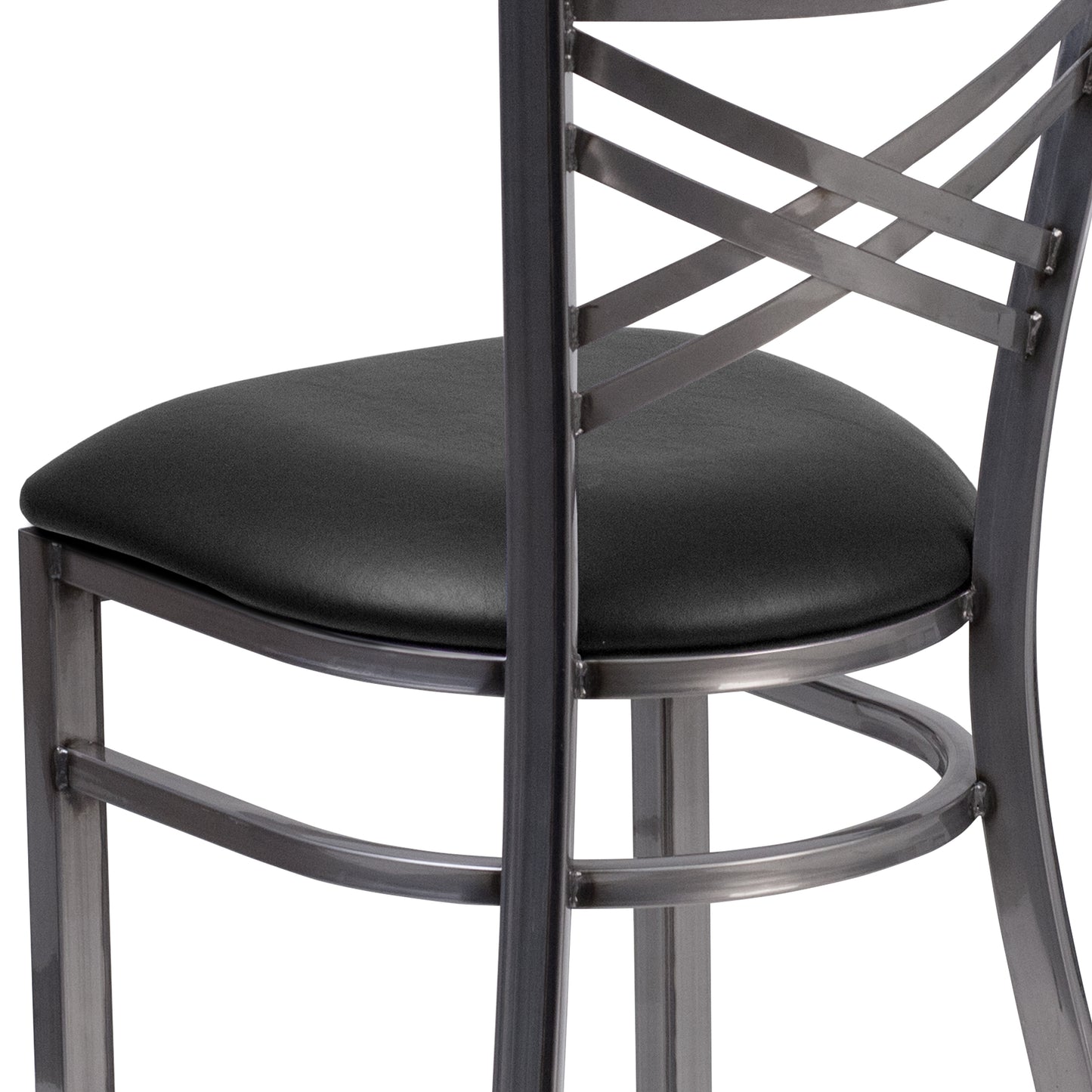 HERCULES Series Silver Antique Finish with Clear Coat ''X'' Back Metal Restaurant Chair - Black Vinyl Seat Black Vinyl Seat/Clear Coated Metal Frame