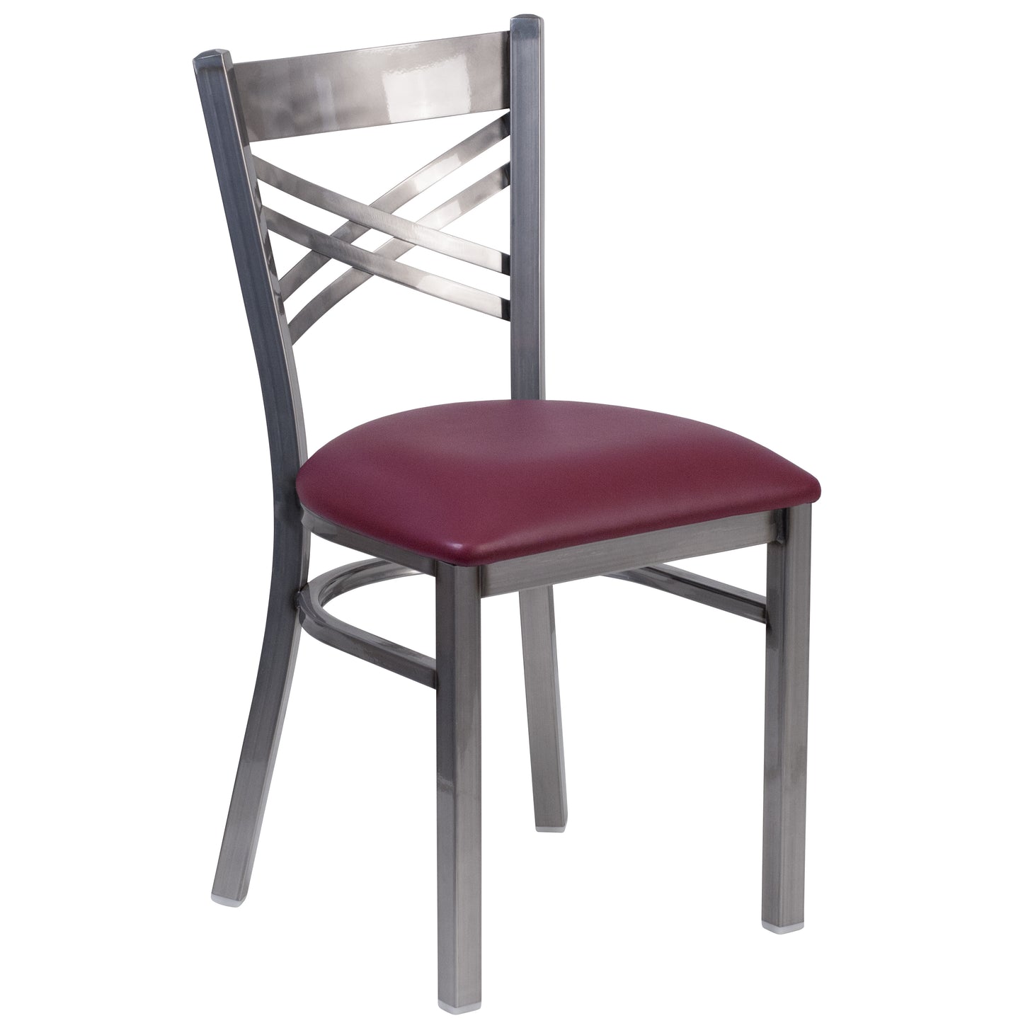 HERCULES Series Silver Antique Finish with Clear Coat ''X'' Back Metal Restaurant Chair - Burgundy Vinyl Seat Burgundy Vinyl Seat/Clear Coated Metal Frame