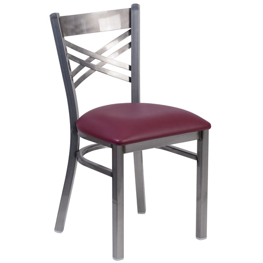 HERCULES Series Silver Antique Finish with Clear Coat ''X'' Back Metal Restaurant Chair - Burgundy Vinyl Seat Burgundy Vinyl Seat/Clear Coated Metal Frame