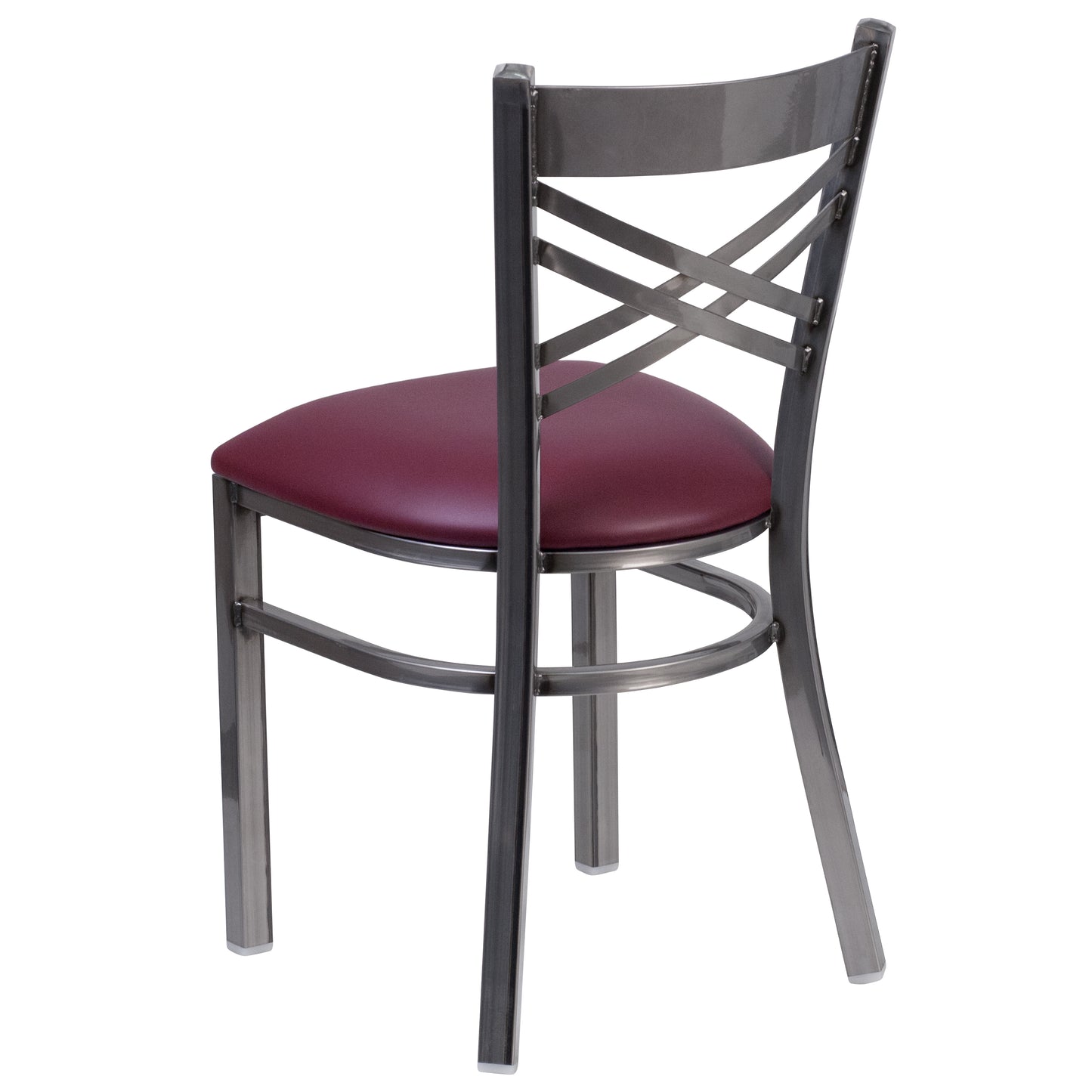 HERCULES Series Silver Antique Finish with Clear Coat ''X'' Back Metal Restaurant Chair - Burgundy Vinyl Seat Burgundy Vinyl Seat/Clear Coated Metal Frame