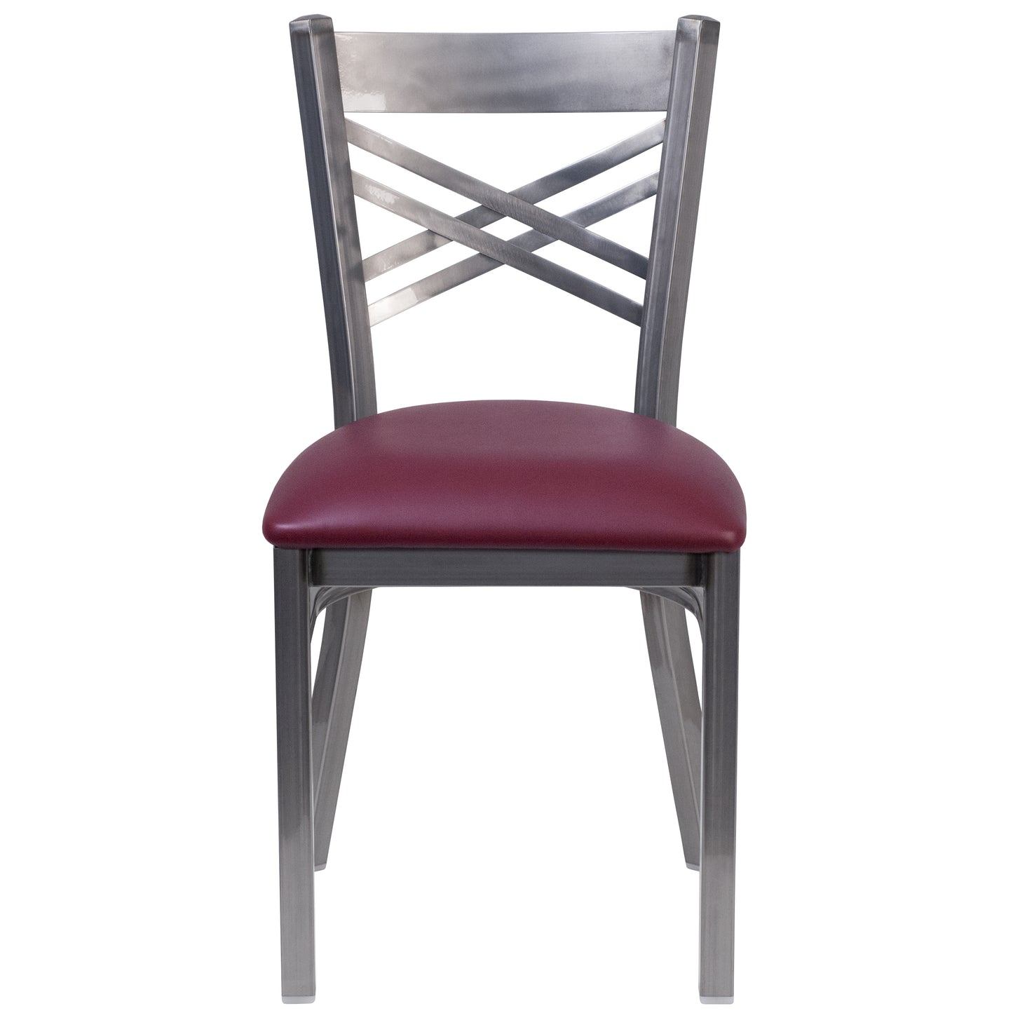 HERCULES Series Silver Antique Finish with Clear Coat ''X'' Back Metal Restaurant Chair - Burgundy Vinyl Seat Burgundy Vinyl Seat/Clear Coated Metal Frame