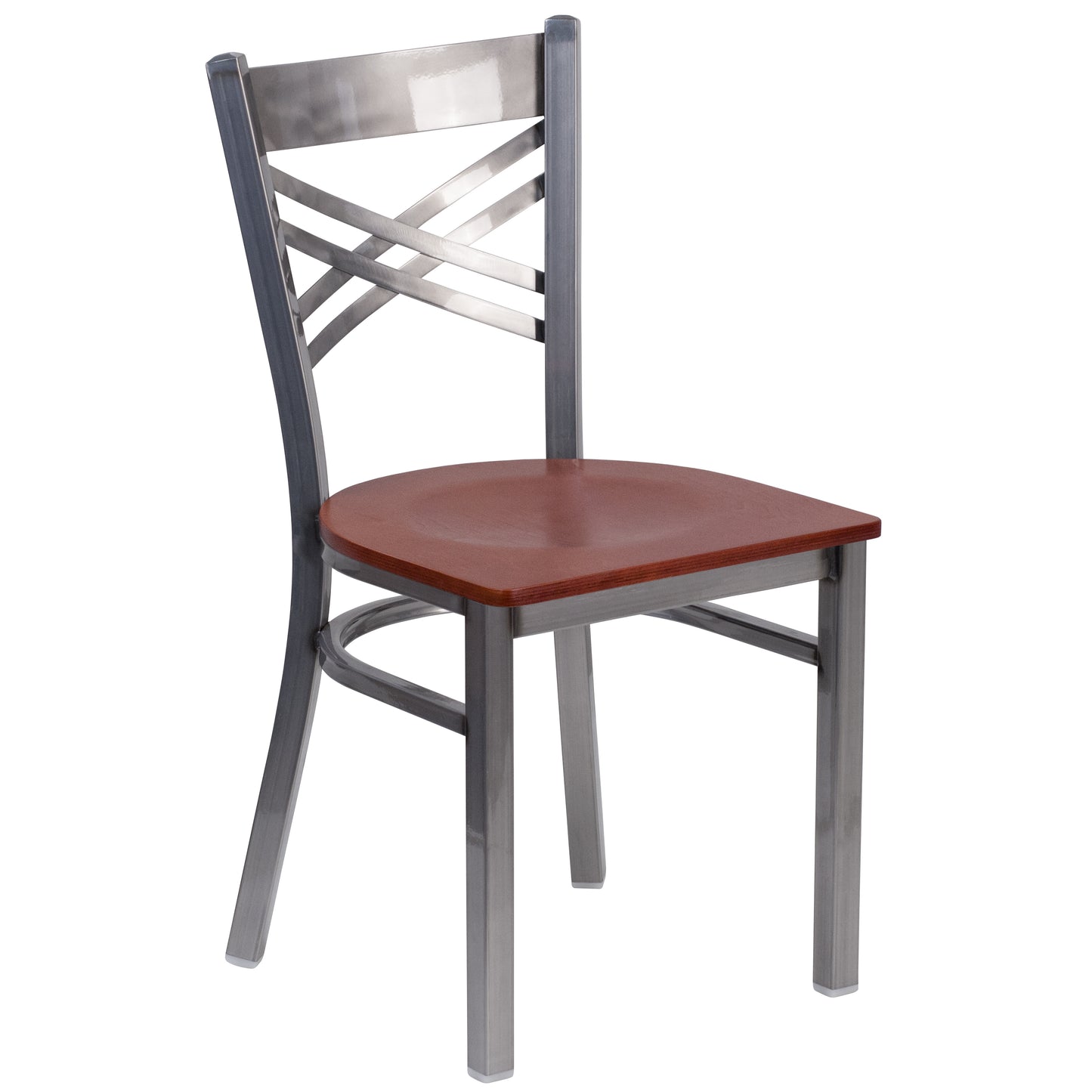 HERCULES Series Silver Antique Finish with Clear Coat ''X'' Back Metal Restaurant Chair - Cherry Wood Seat Cherry Wood Seat/Clear Coated Metal Frame XU-6FOB-CLR-CHYW-GG