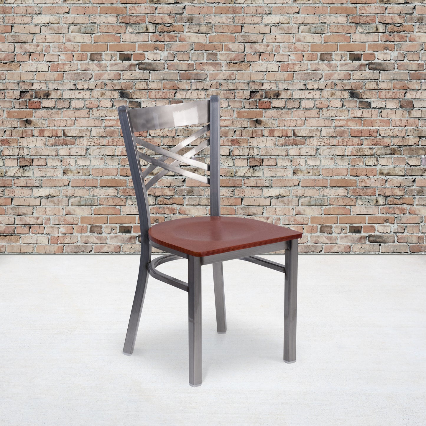 HERCULES Series Silver Antique Finish with Clear Coat ''X'' Back Metal Restaurant Chair - Cherry Wood Seat Cherry Wood Seat/Clear Coated Metal Frame XU-6FOB-CLR-CHYW-GG