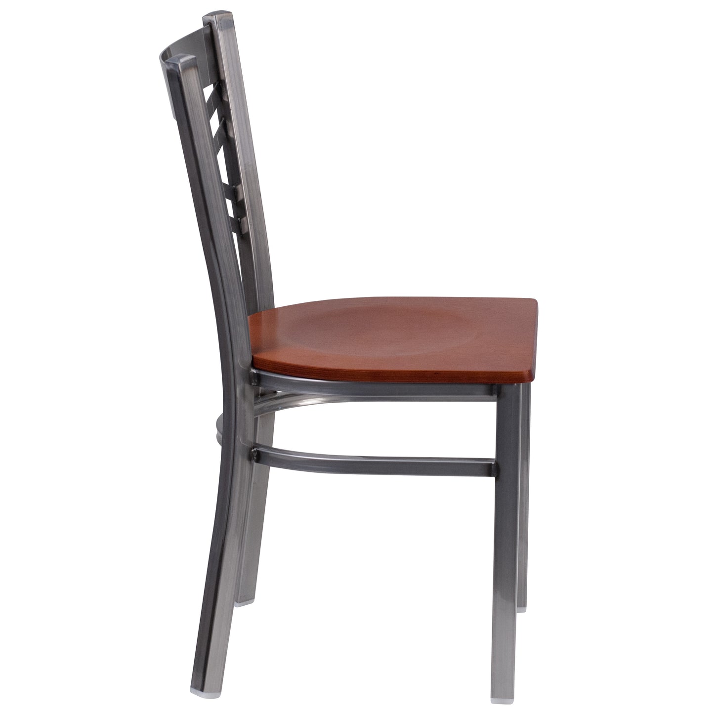 HERCULES Series Silver Antique Finish with Clear Coat ''X'' Back Metal Restaurant Chair - Cherry Wood Seat Cherry Wood Seat/Clear Coated Metal Frame XU-6FOB-CLR-CHYW-GG