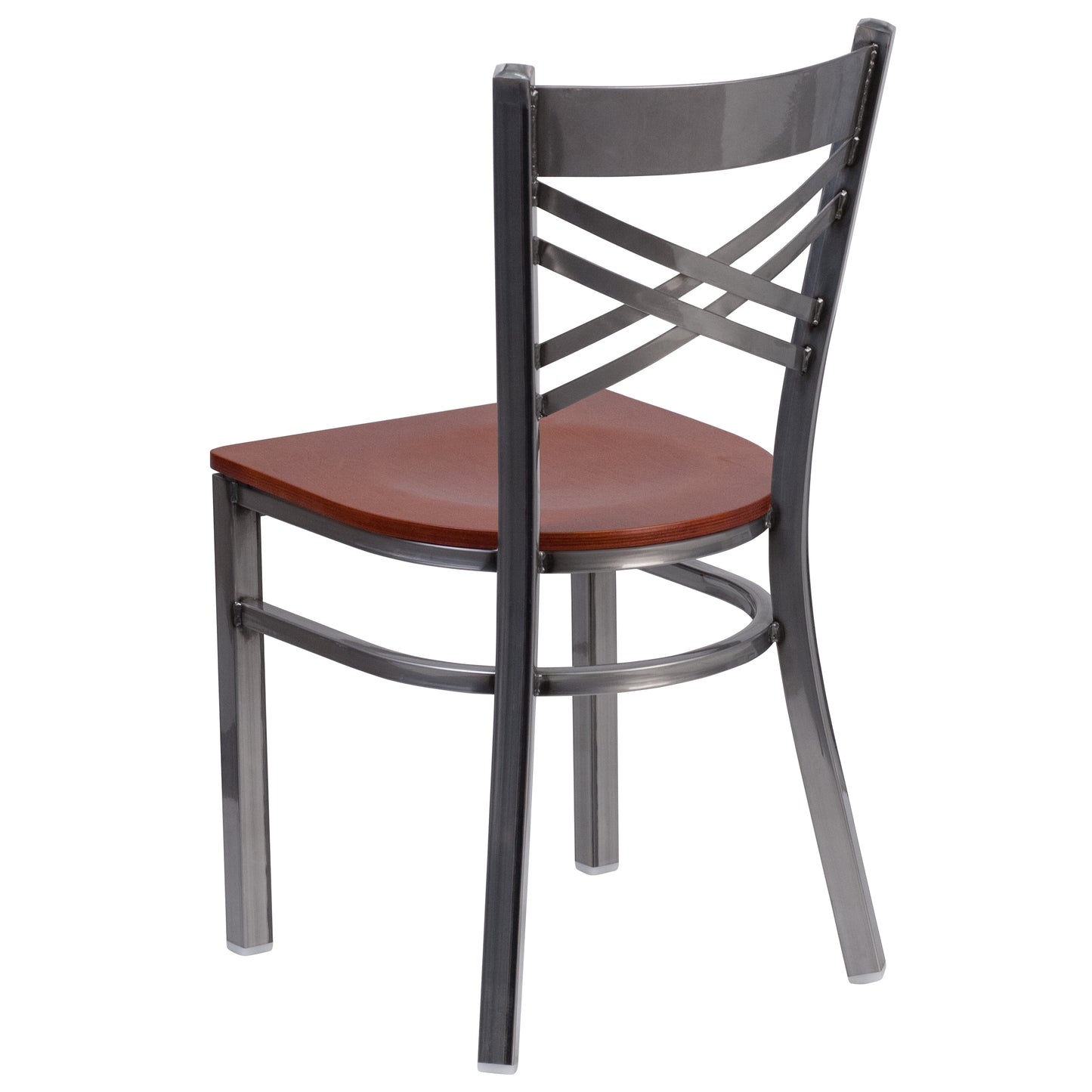 HERCULES Series Silver Antique Finish with Clear Coat ''X'' Back Metal Restaurant Chair - Cherry Wood Seat Cherry Wood Seat/Clear Coated Metal Frame XU-6FOB-CLR-CHYW-GG