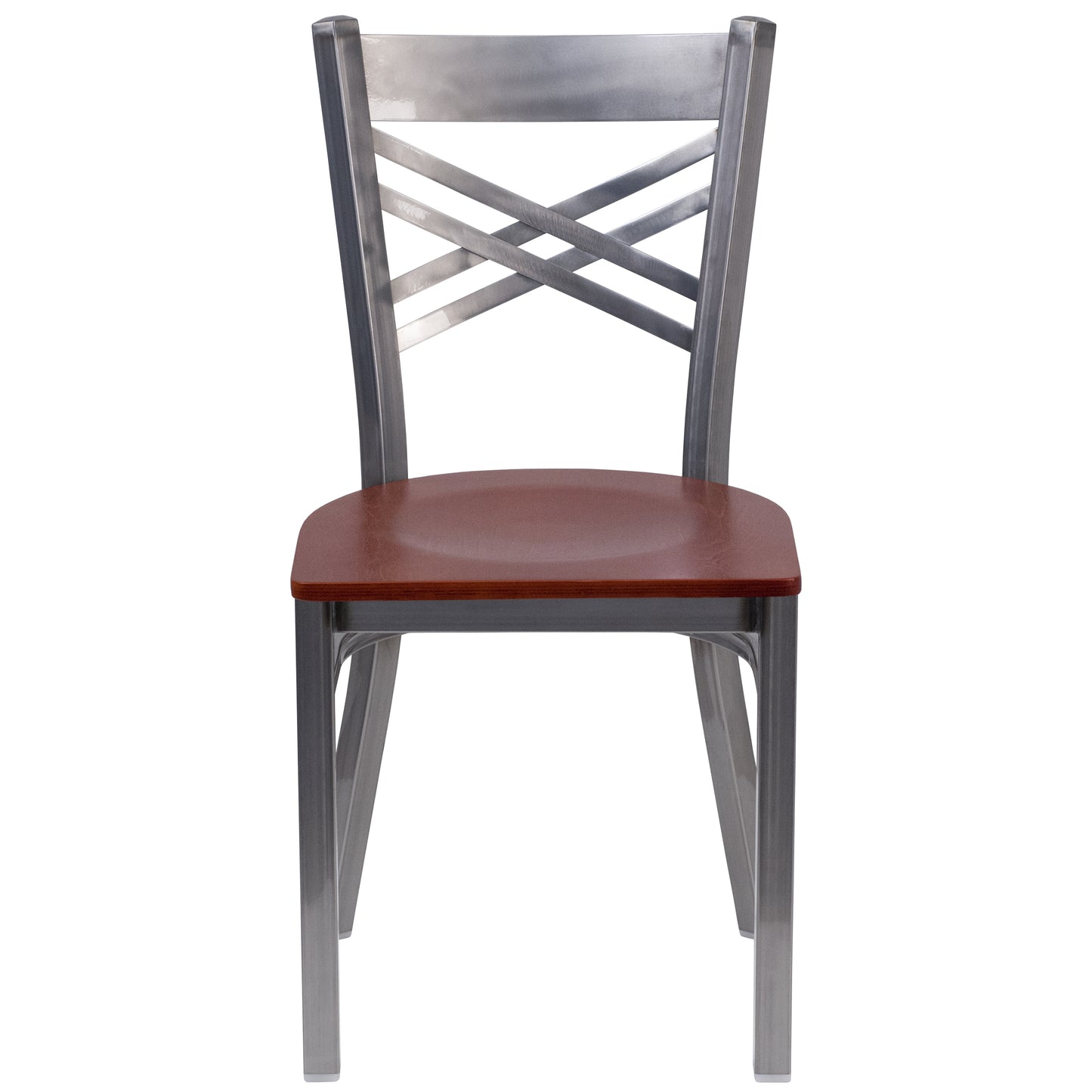 HERCULES Series Silver Antique Finish with Clear Coat ''X'' Back Metal Restaurant Chair - Cherry Wood Seat Cherry Wood Seat/Clear Coated Metal Frame XU-6FOB-CLR-CHYW-GG