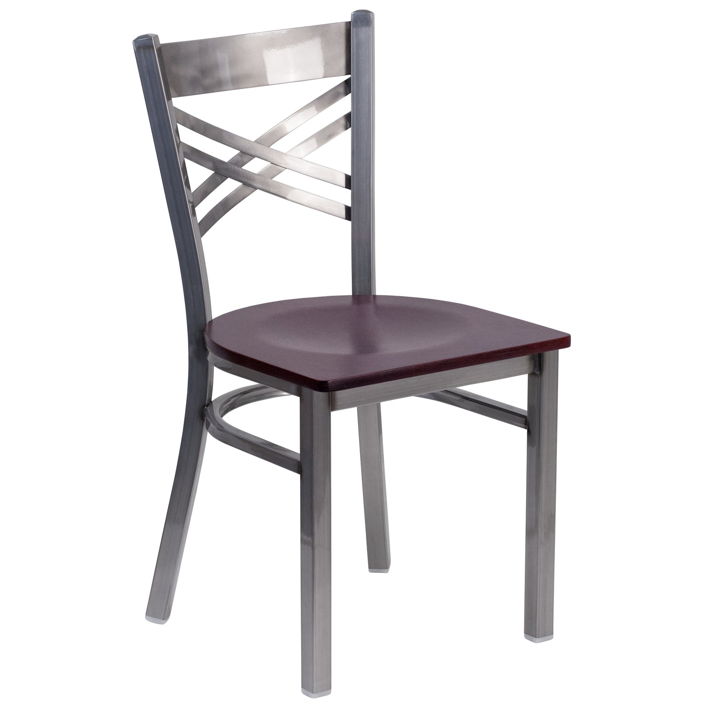 HERCULES Series Silver Antique Finish with Clear Coat ''X'' Back Metal Restaurant Chair - Mahogany Wood Seat Mahogany Wood Seat/Clear Coated Metal Frame