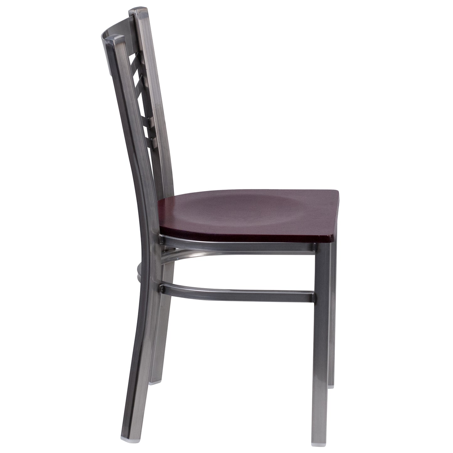HERCULES Series Silver Antique Finish with Clear Coat ''X'' Back Metal Restaurant Chair - Mahogany Wood Seat Mahogany Wood Seat/Clear Coated Metal Frame
