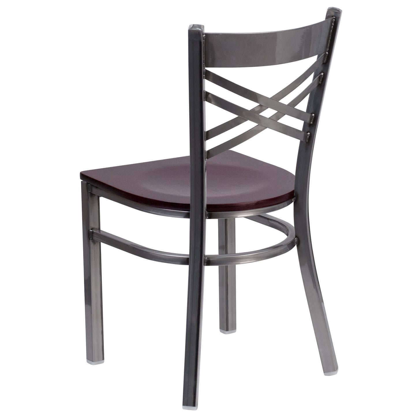 HERCULES Series Silver Antique Finish with Clear Coat ''X'' Back Metal Restaurant Chair - Mahogany Wood Seat Mahogany Wood Seat/Clear Coated Metal Frame
