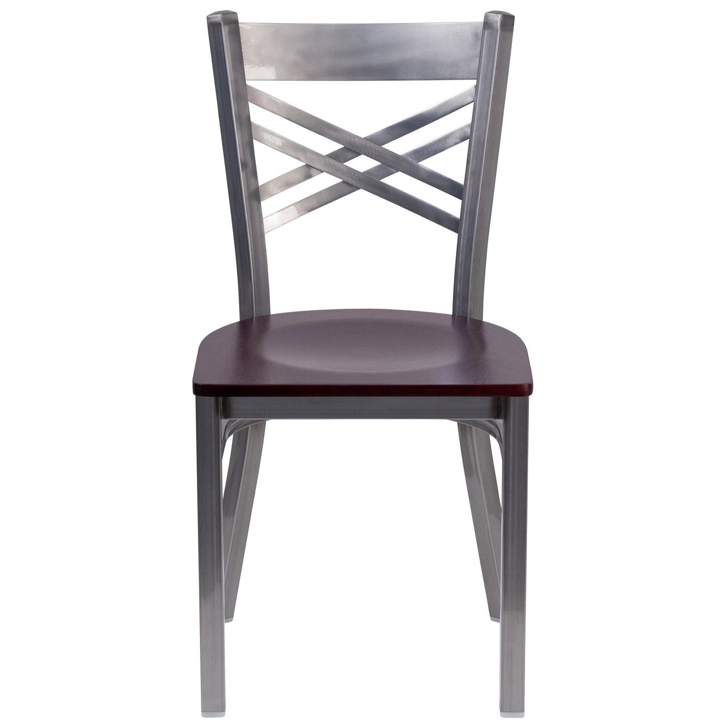 HERCULES Series Silver Antique Finish with Clear Coat ''X'' Back Metal Restaurant Chair - Mahogany Wood Seat Mahogany Wood Seat/Clear Coated Metal Frame