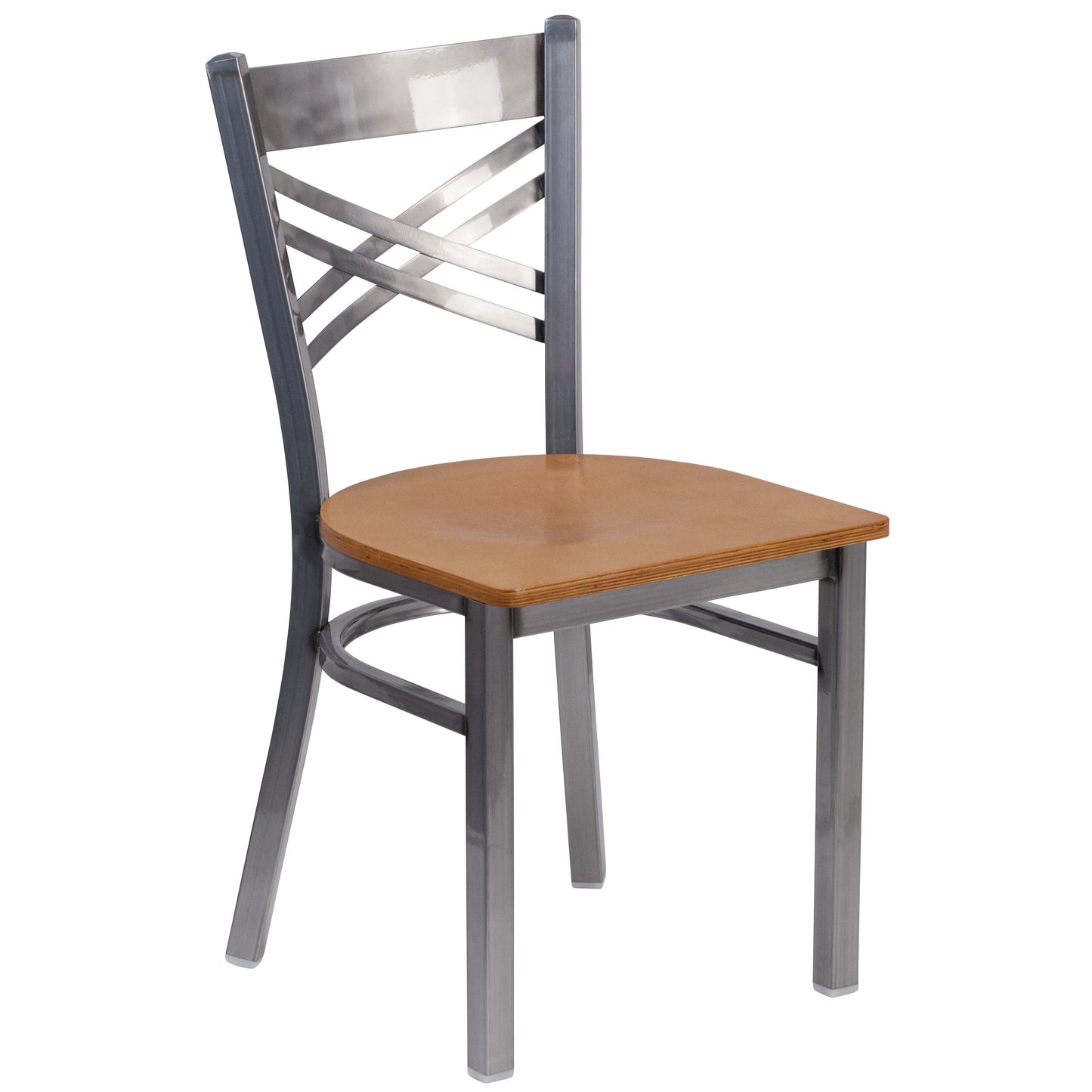 HERCULES Series Silver Antique Finish with Clear Coat ''X'' Back Metal Restaurant Chair - Natural Wood Seat Natural Wood Seat/Clear Coated Metal Frame
