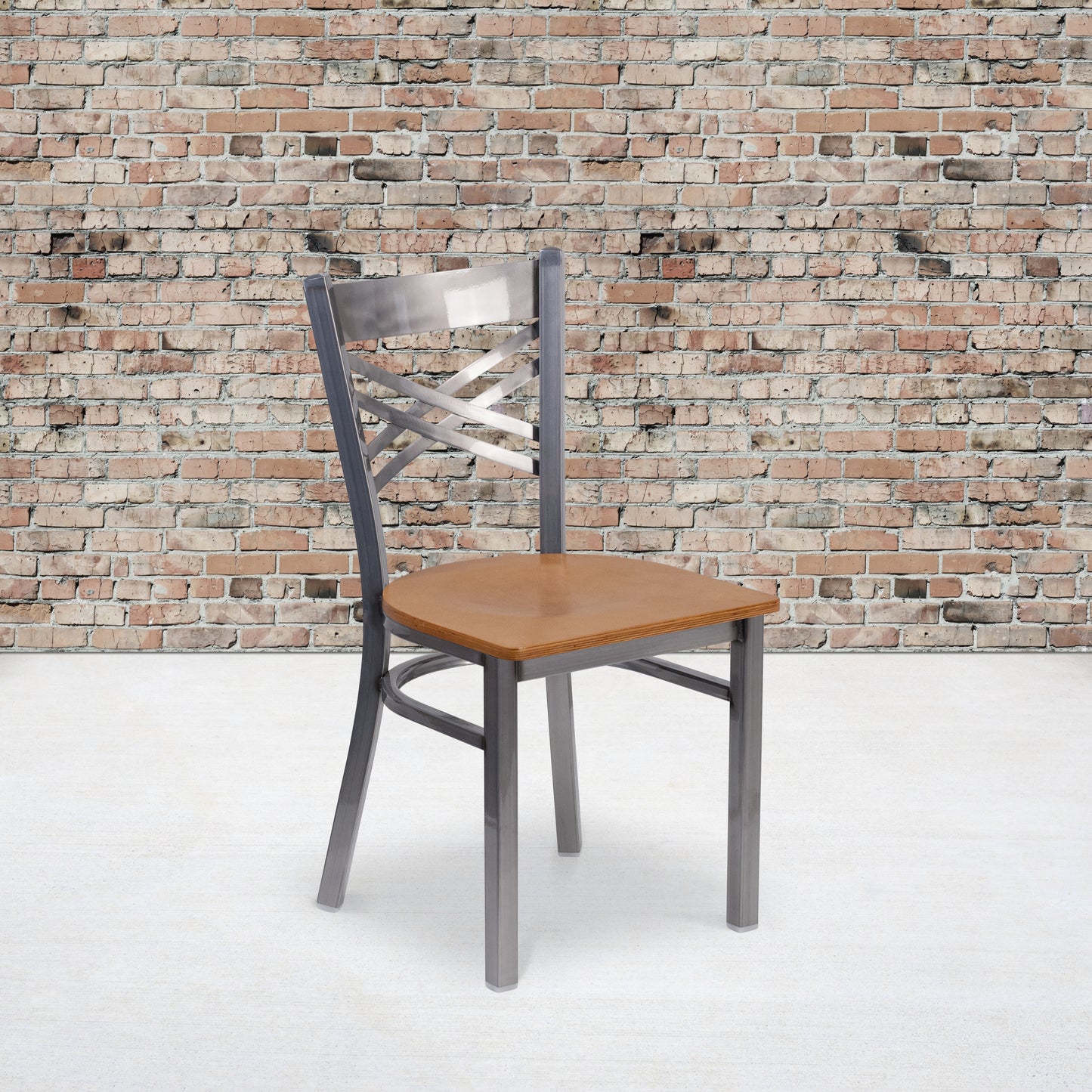 HERCULES Series Silver Antique Finish with Clear Coat ''X'' Back Metal Restaurant Chair - Natural Wood Seat Natural Wood Seat/Clear Coated Metal Frame