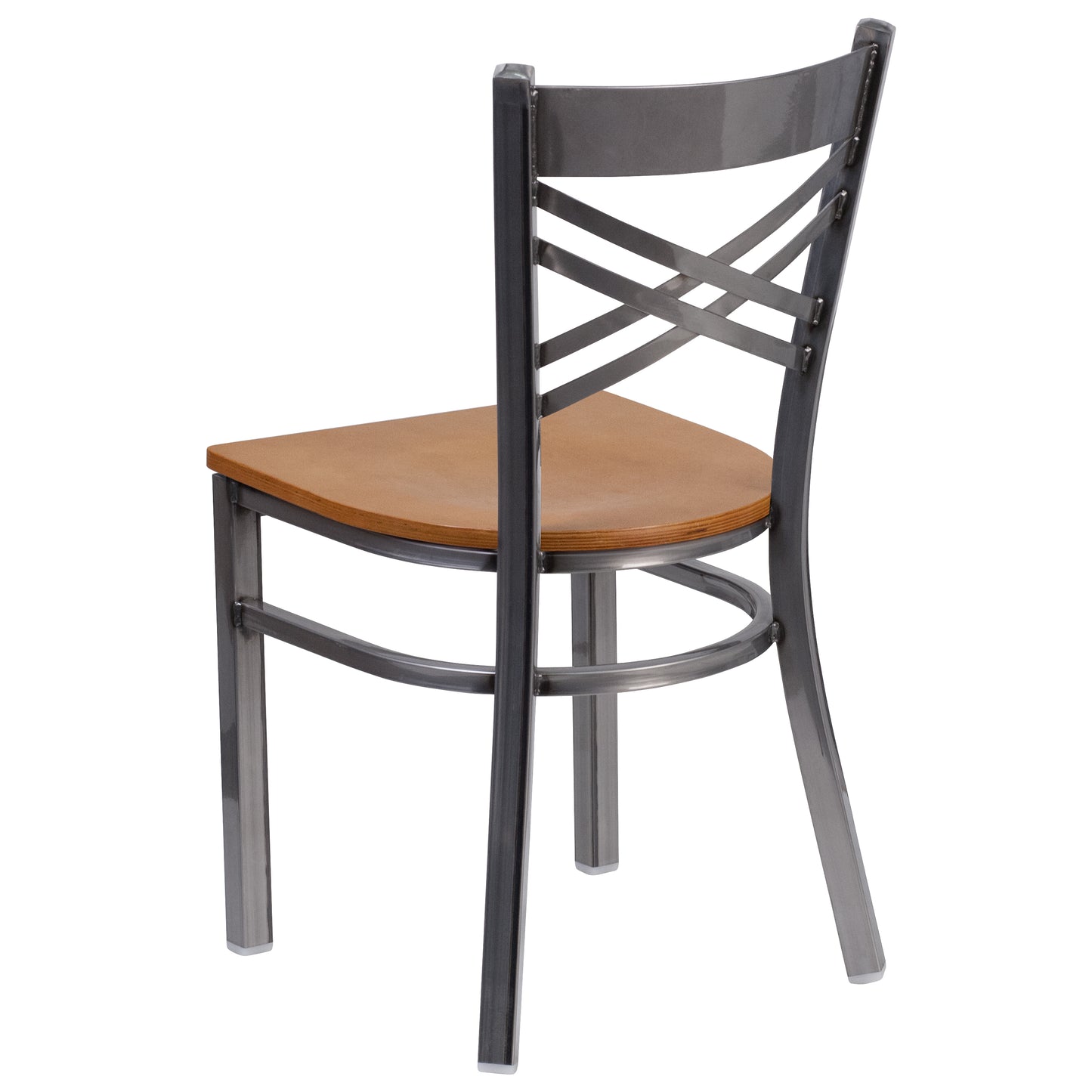 HERCULES Series Silver Antique Finish with Clear Coat ''X'' Back Metal Restaurant Chair - Natural Wood Seat Natural Wood Seat/Clear Coated Metal Frame
