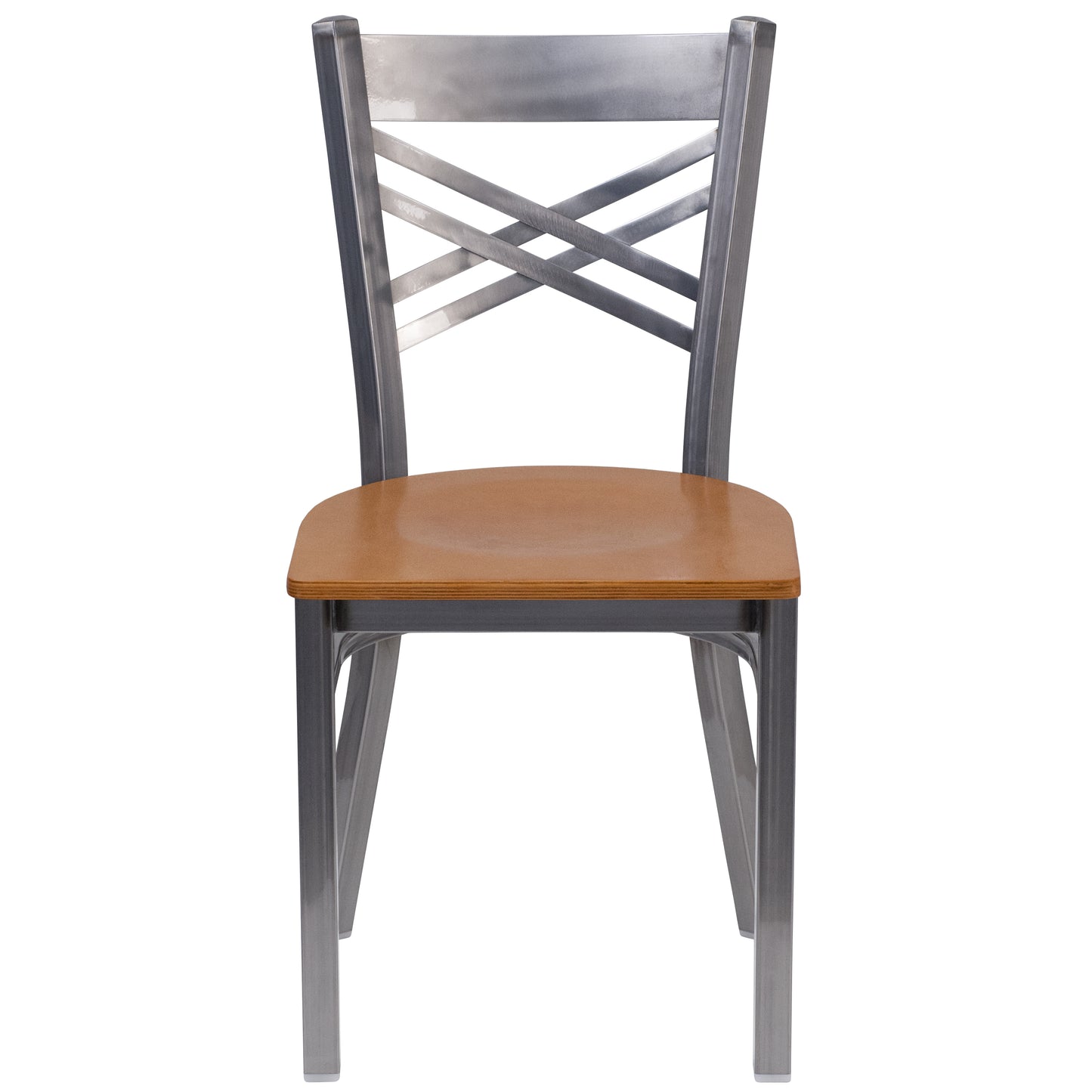 HERCULES Series Silver Antique Finish with Clear Coat ''X'' Back Metal Restaurant Chair - Natural Wood Seat Natural Wood Seat/Clear Coated Metal Frame
