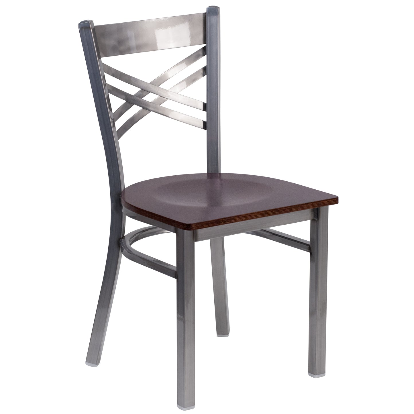 HERCULES Series Silver Antique Finish with Clear Coat ''X'' Back Metal Restaurant Chair - Walnut Wood Seat Walnut Wood Seat/Clear Coated Metal Frame