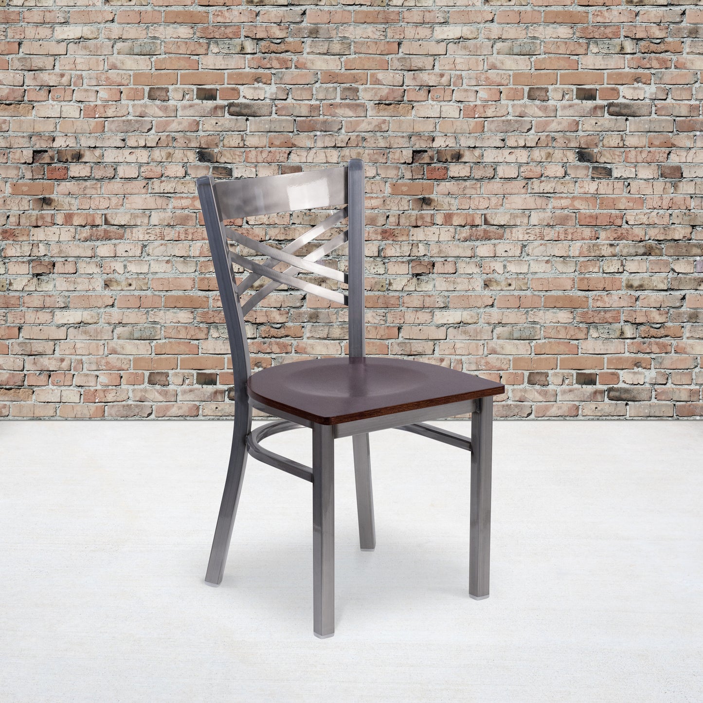 HERCULES Series Silver Antique Finish with Clear Coat ''X'' Back Metal Restaurant Chair - Walnut Wood Seat Walnut Wood Seat/Clear Coated Metal Frame