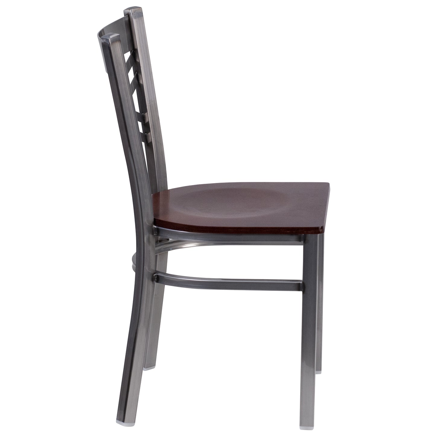HERCULES Series Silver Antique Finish with Clear Coat ''X'' Back Metal Restaurant Chair - Walnut Wood Seat Walnut Wood Seat/Clear Coated Metal Frame