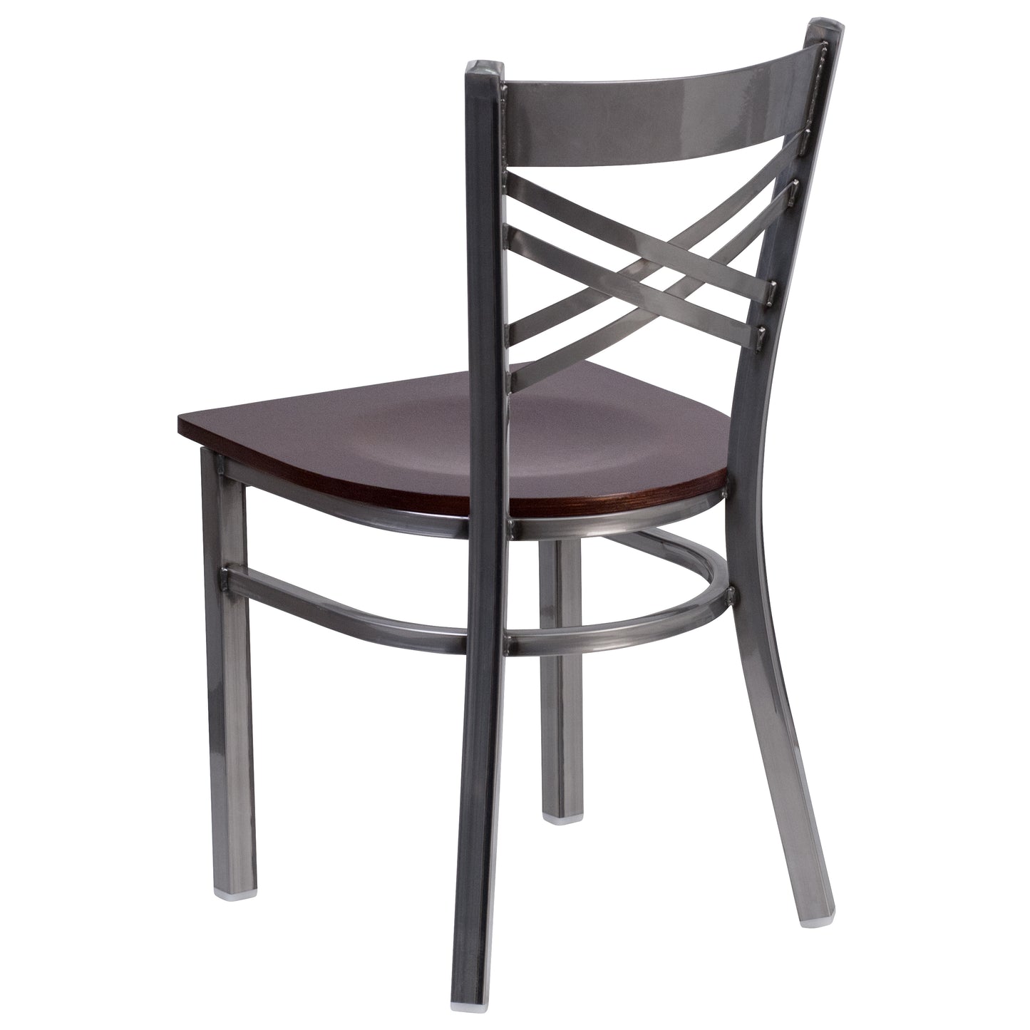 HERCULES Series Silver Antique Finish with Clear Coat ''X'' Back Metal Restaurant Chair - Walnut Wood Seat Walnut Wood Seat/Clear Coated Metal Frame