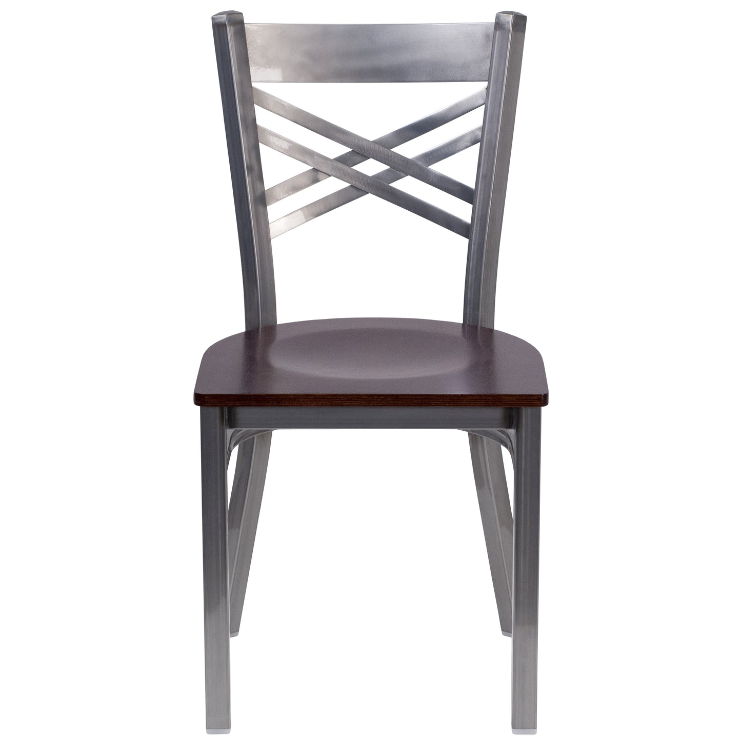 HERCULES Series Silver Antique Finish with Clear Coat ''X'' Back Metal Restaurant Chair - Walnut Wood Seat Walnut Wood Seat/Clear Coated Metal Frame