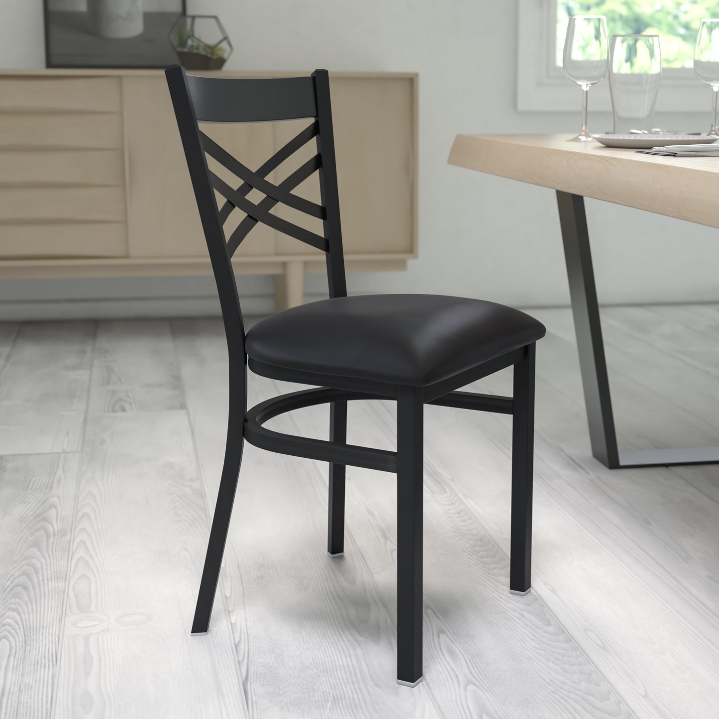 HERCULES Series Black ''X'' Back Metal Restaurant Chair - Black Vinyl Seat Black Vinyl Seat/Black Metal Frame XU-6FOBXBK-BLKV-GG