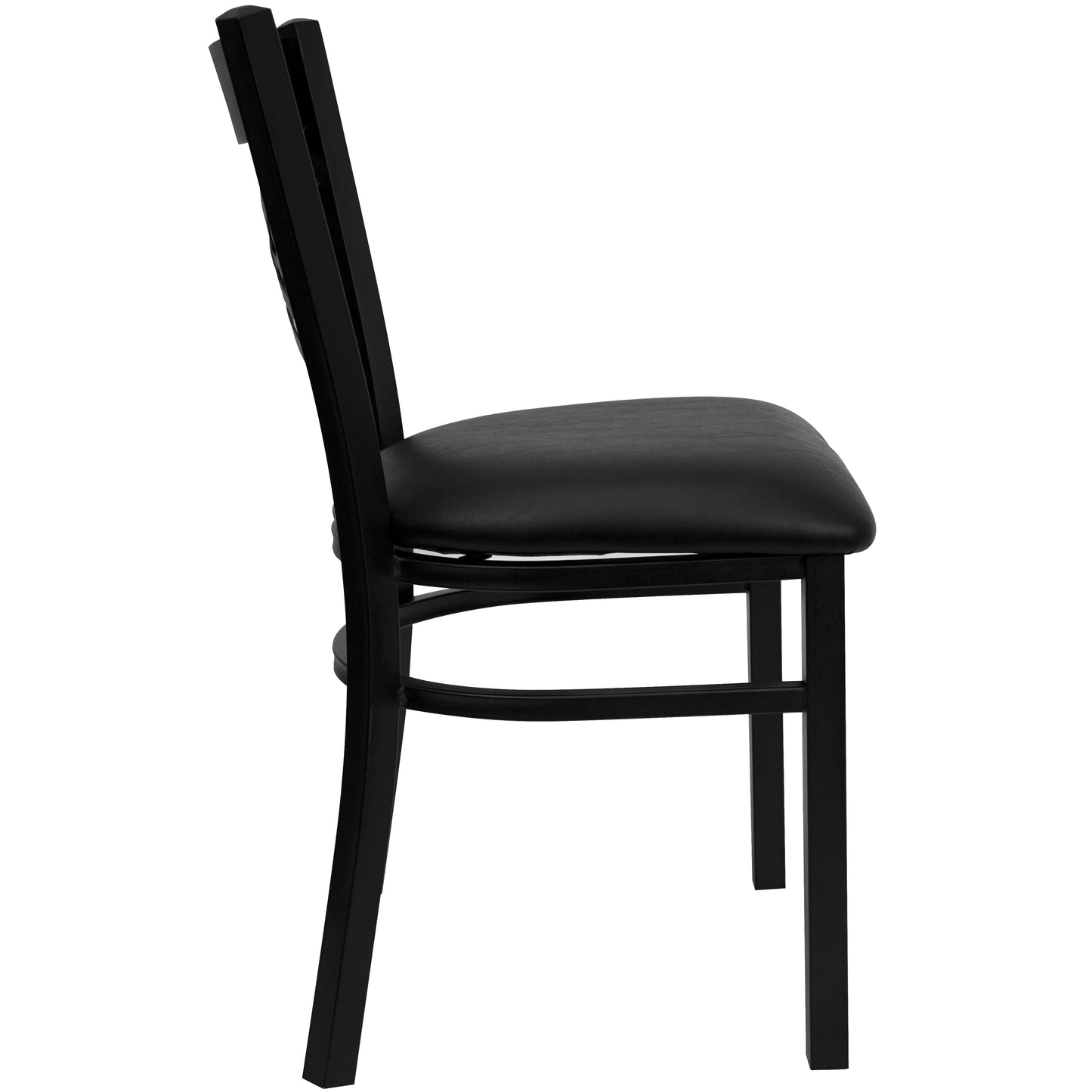 HERCULES Series Black ''X'' Back Metal Restaurant Chair - Black Vinyl Seat Black Vinyl Seat/Black Metal Frame XU-6FOBXBK-BLKV-GG