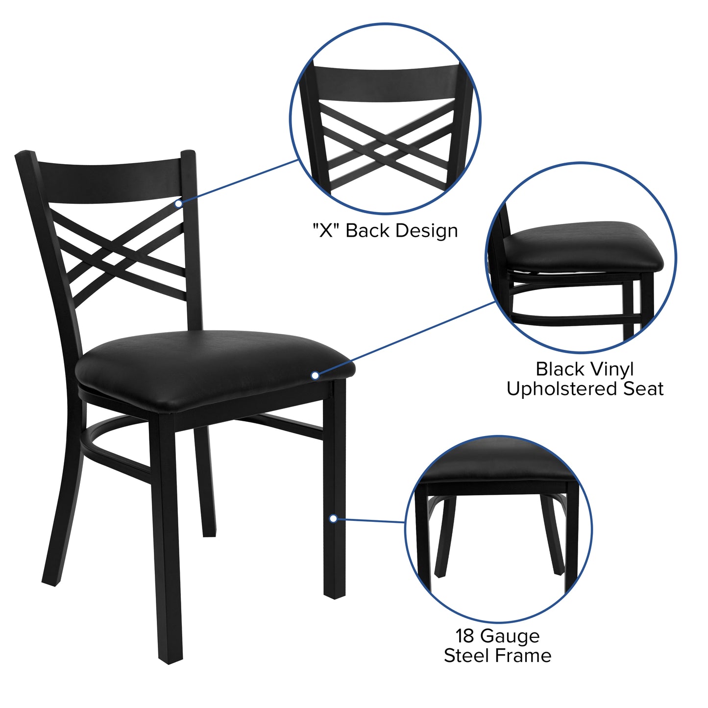 HERCULES Series Black ''X'' Back Metal Restaurant Chair - Black Vinyl Seat Black Vinyl Seat/Black Metal Frame XU-6FOBXBK-BLKV-GG