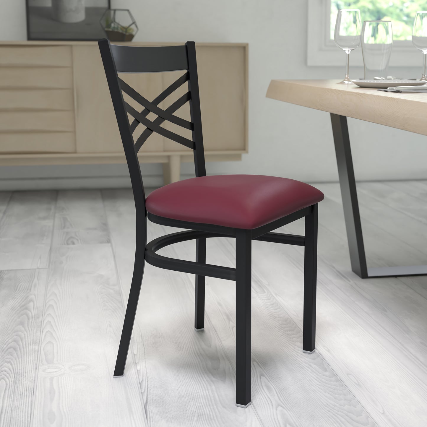 HERCULES Series Black ''X'' Back Metal Restaurant Chair - Burgundy Vinyl Seat Burgundy Vinyl Seat/Black Metal Frame