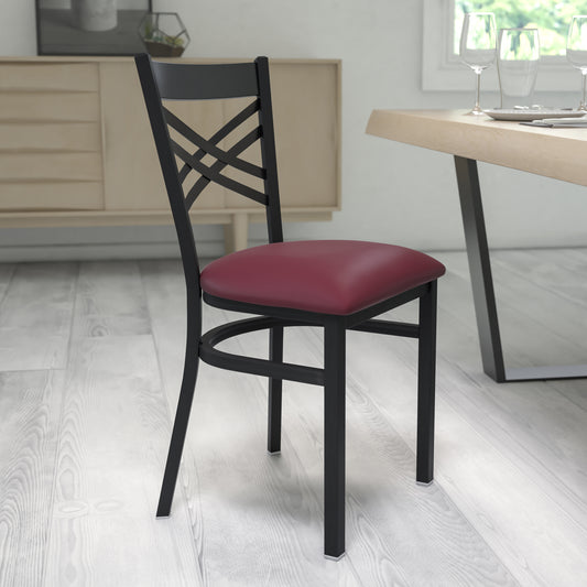 HERCULES Series Black ''X'' Back Metal Restaurant Chair - Burgundy Vinyl Seat Burgundy Vinyl Seat/Black Metal Frame