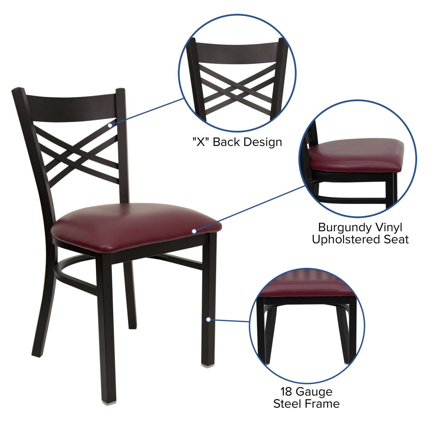 HERCULES Series Black ''X'' Back Metal Restaurant Chair - Burgundy Vinyl Seat Burgundy Vinyl Seat/Black Metal Frame