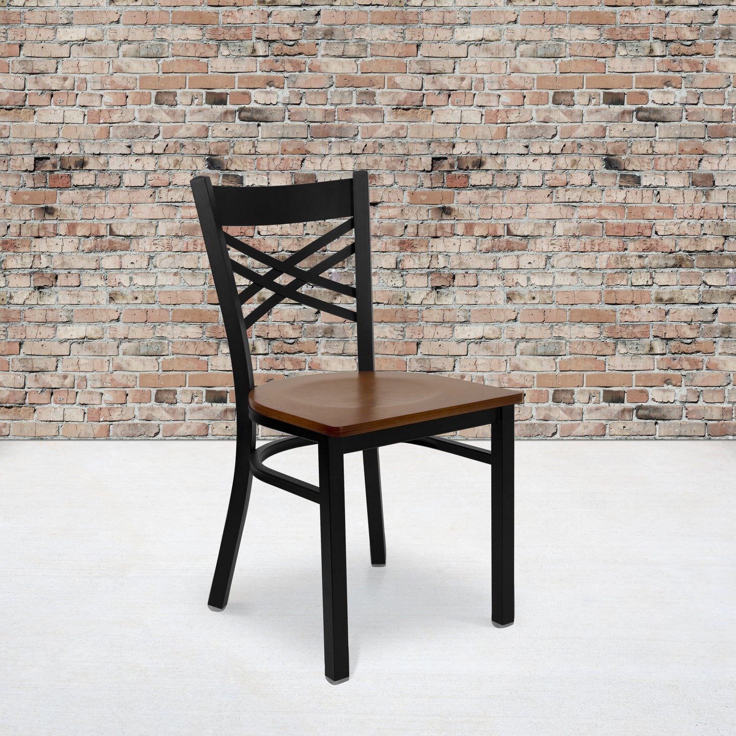 HERCULES Series Black ''X'' Back Metal Restaurant Chair - Cherry Wood Seat Cherry Wood Seat/Black Metal Frame