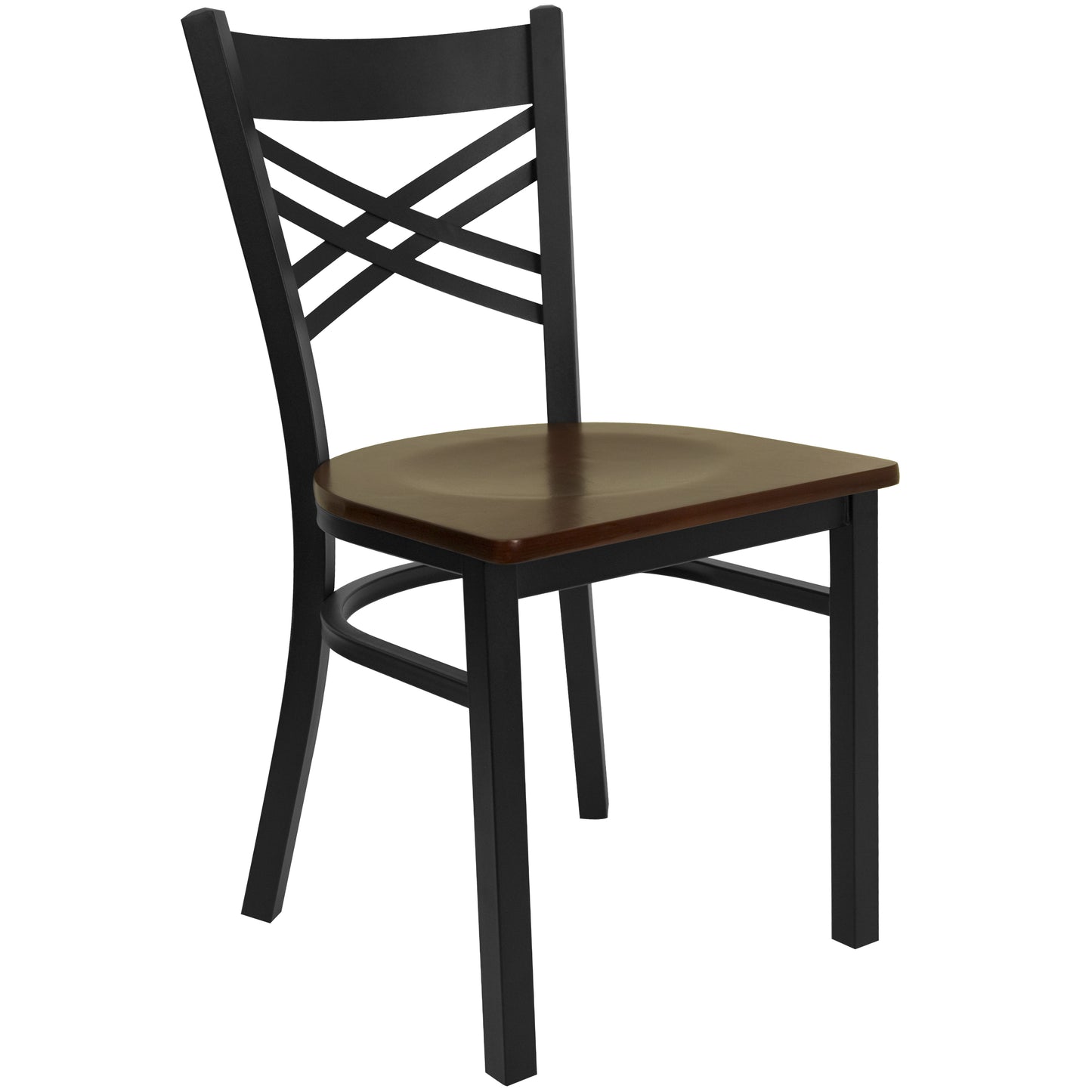 HERCULES Series Black ''X'' Back Metal Restaurant Chair - Mahogany Wood Seat Mahogany Wood Seat/Black Metal Frame