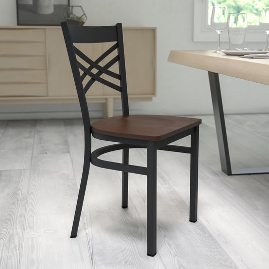 HERCULES Series Black ''X'' Back Metal Restaurant Chair - Mahogany Wood Seat Mahogany Wood Seat/Black Metal Frame