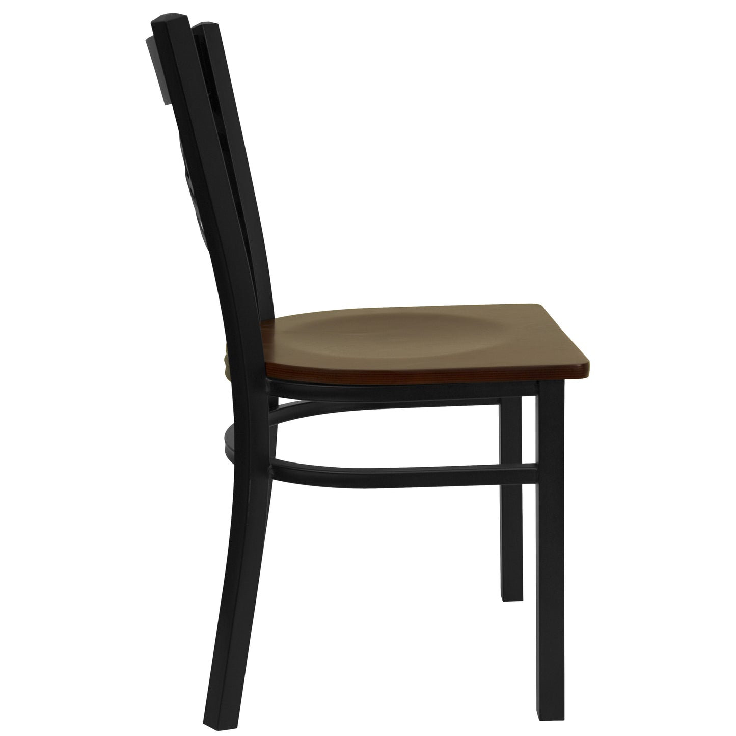 HERCULES Series Black ''X'' Back Metal Restaurant Chair - Mahogany Wood Seat Mahogany Wood Seat/Black Metal Frame